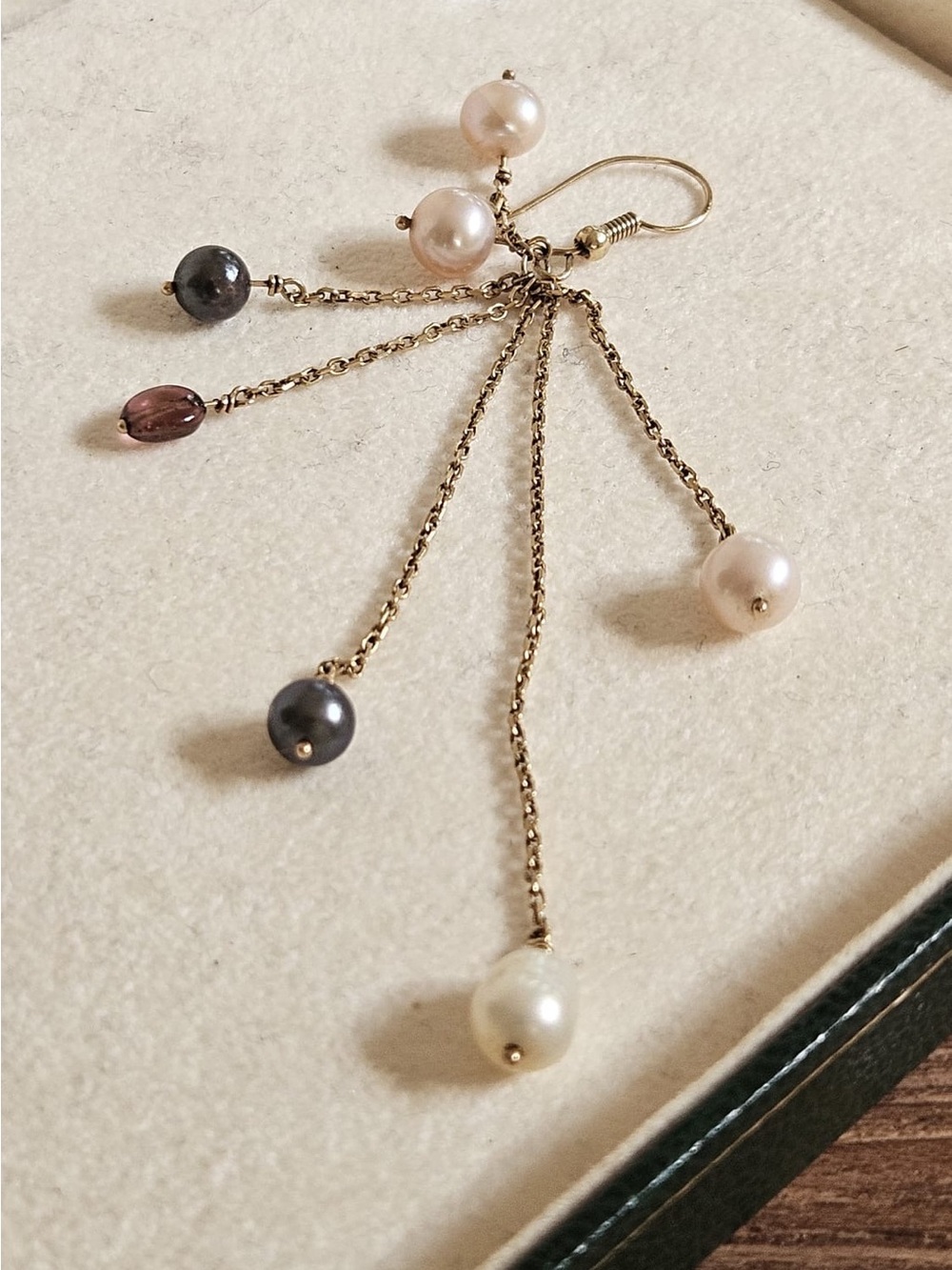 Gold Chain Drop Earrings with White and Black Pearls, best offer, 14k.
